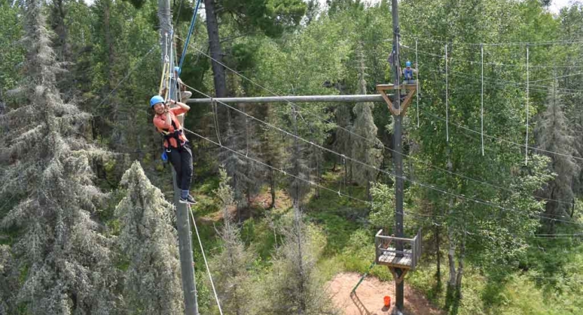 a group of outward bound students make their way through a high ropes course